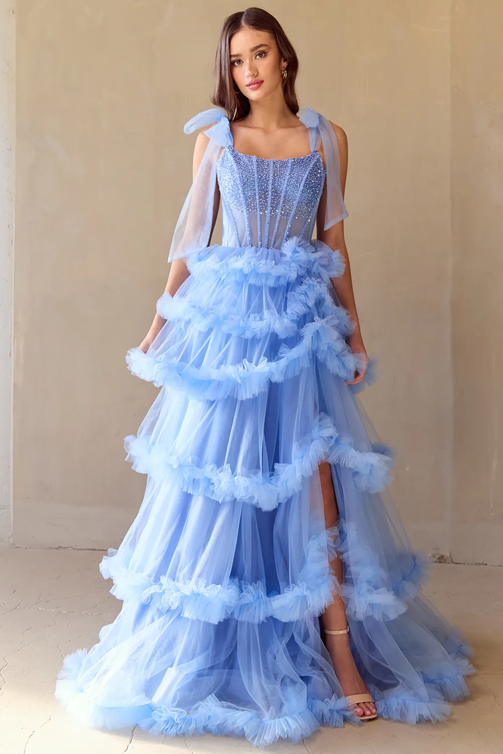SARELLA Crystal Bodice Bow Feature Tulle Layered A Line Prom & Formal Dress