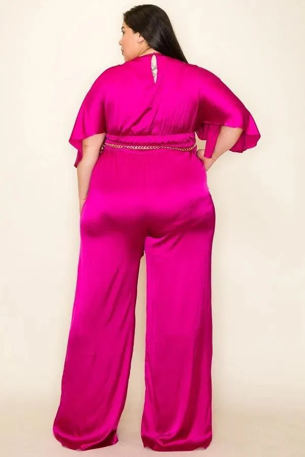 Satin Wrap Front Magenta Short Sleeve Jumpsuit