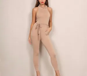 Sexy mock neck bodycon tie waist jumpsuit