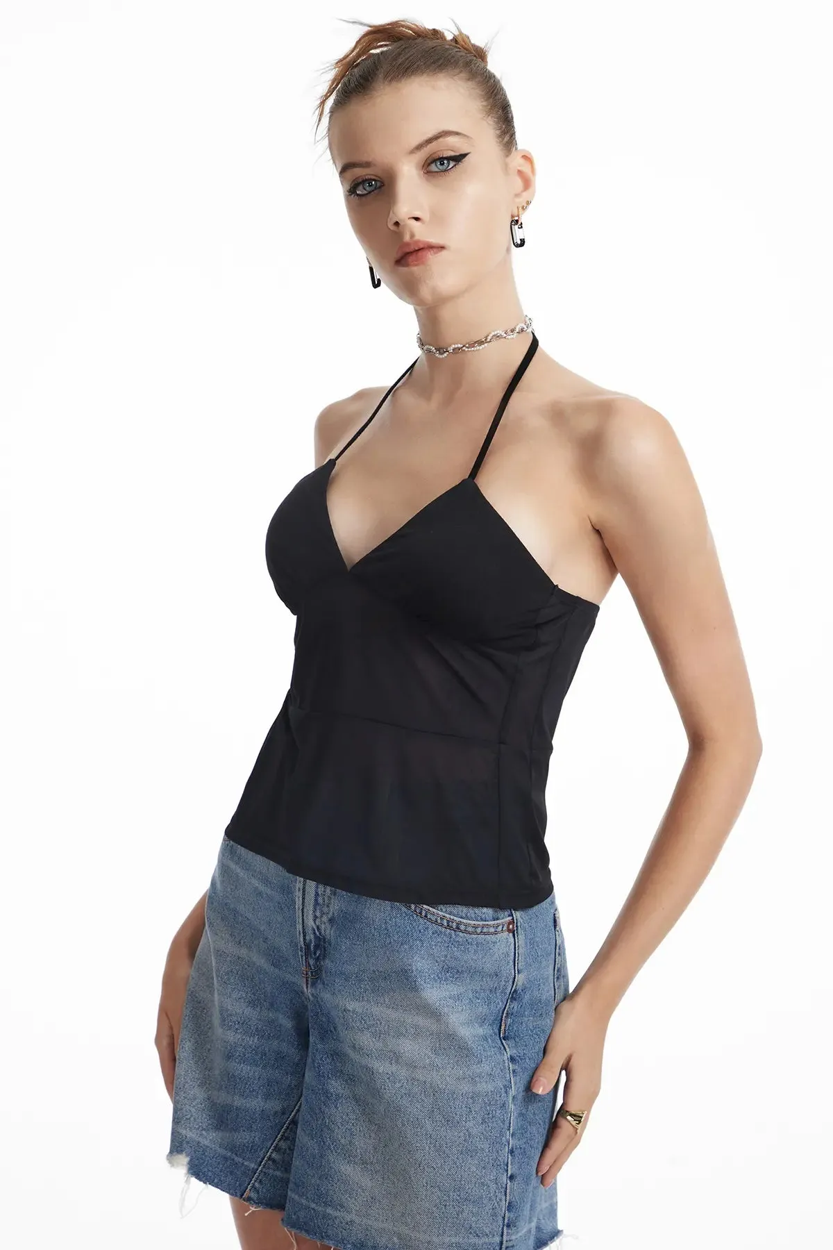Sheer Backless Tie Neck Camis Top