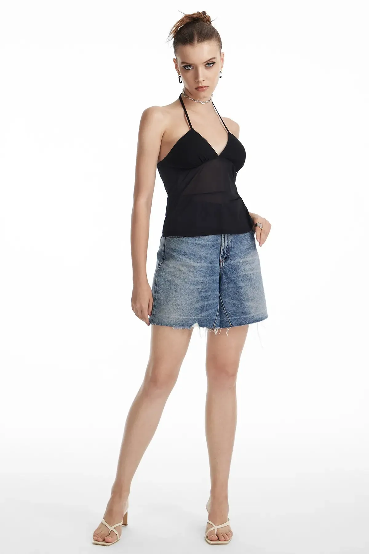 Sheer Backless Tie Neck Camis Top