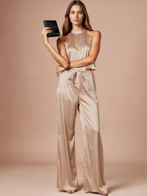 Sleeveless Neck Band Tie Detail Satin Jumpsuit