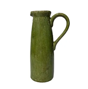 Slim Pitcher, Pottery, Tall, Sleek, Olive Green