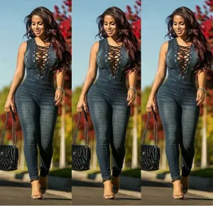 slimming breasts set eyelets denim jumpsuit
