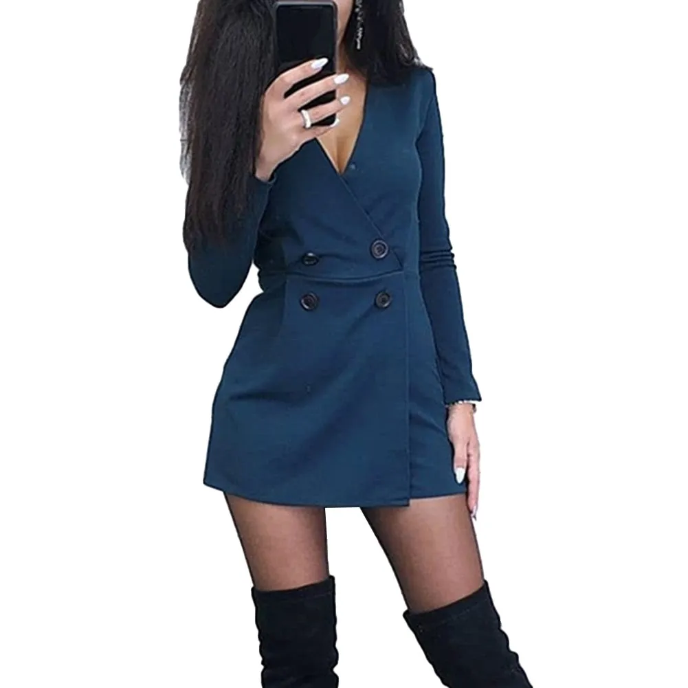 Solid Color Long Sleeve V Neck Double-breasted Short Playsuit Jumpsuit Women's