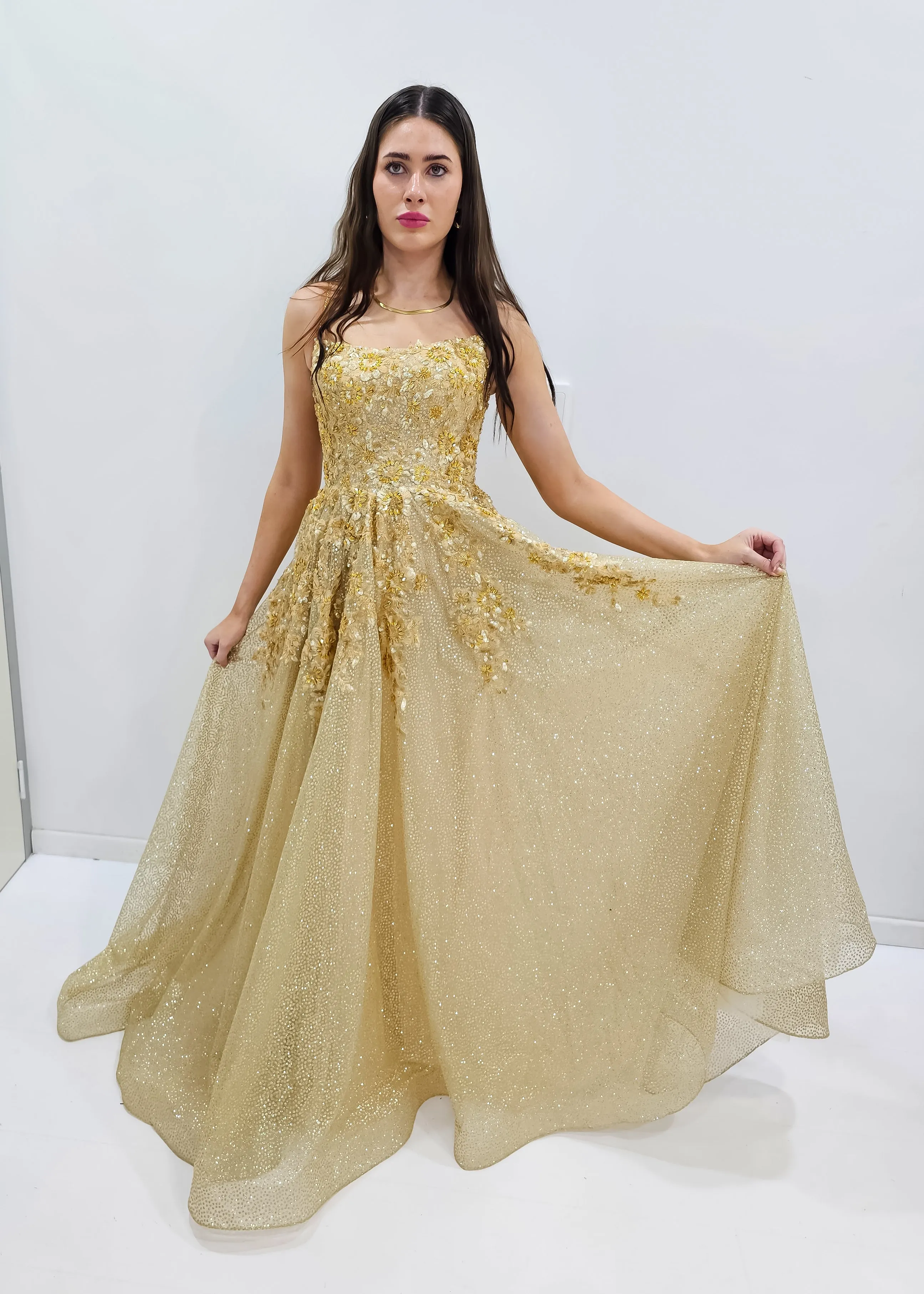Sparkling gold crescent moon neckline lace up back princess dress for hire