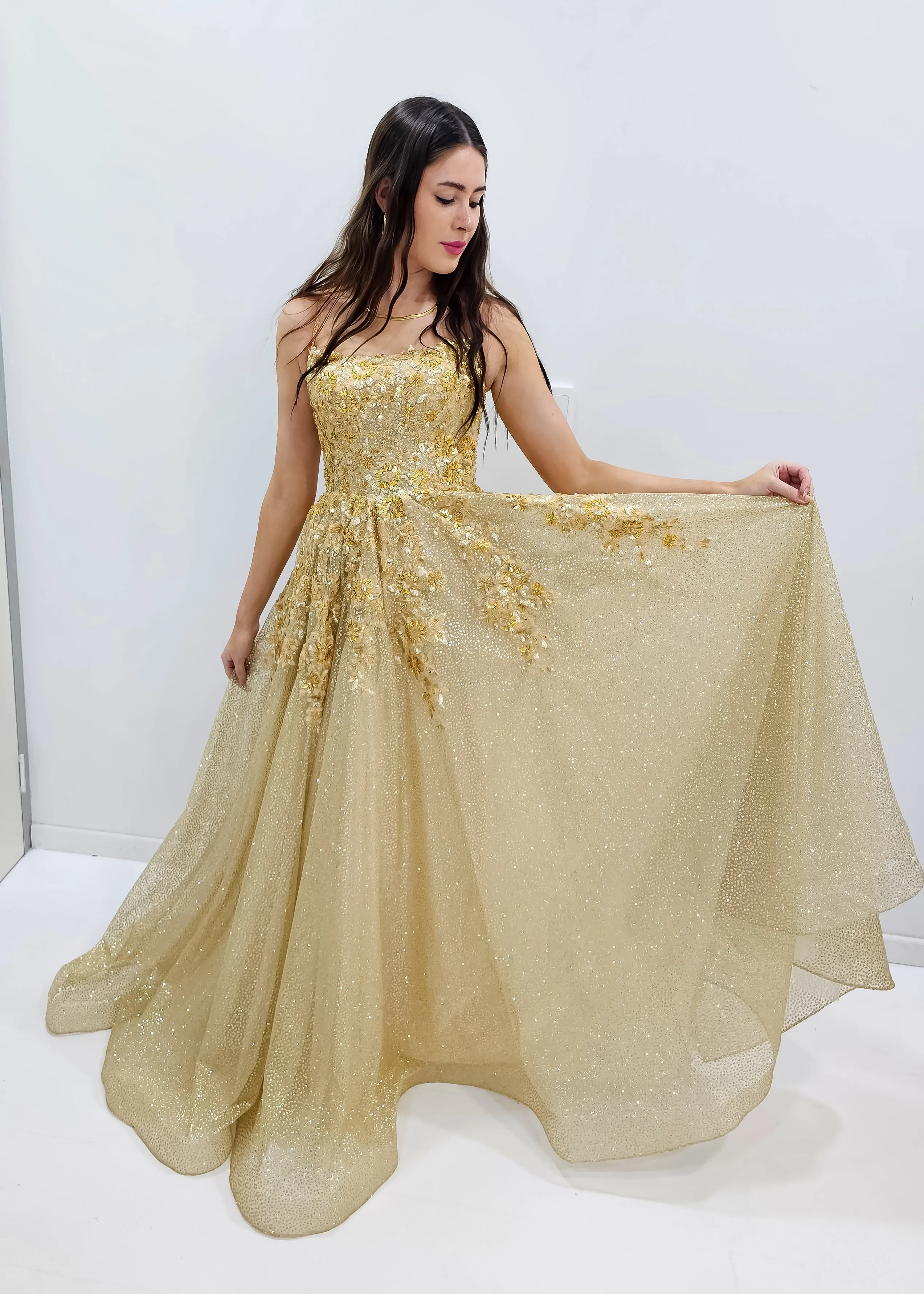 Sparkling gold crescent moon neckline lace up back princess dress for hire