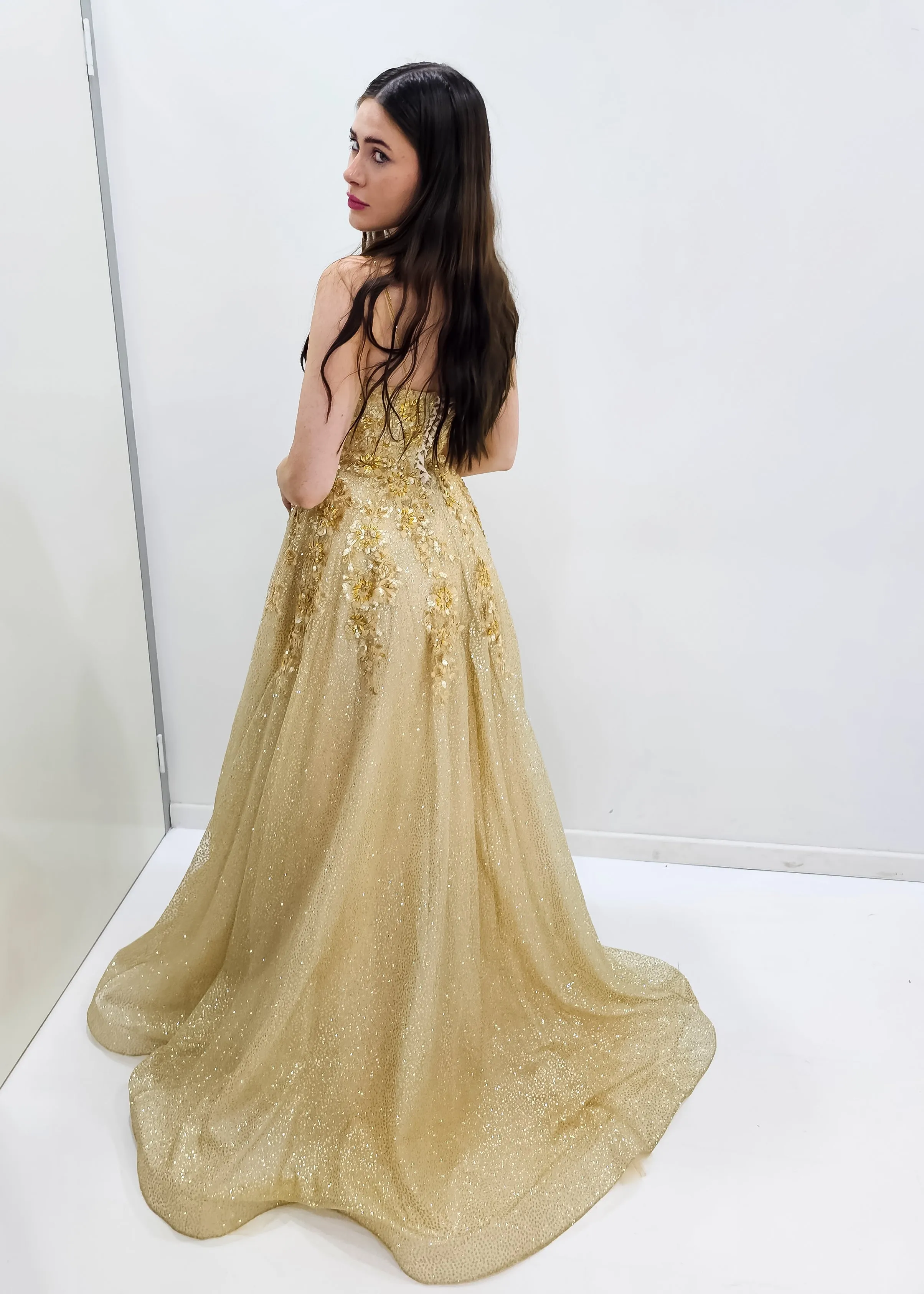 Sparkling gold crescent moon neckline lace up back princess dress for hire