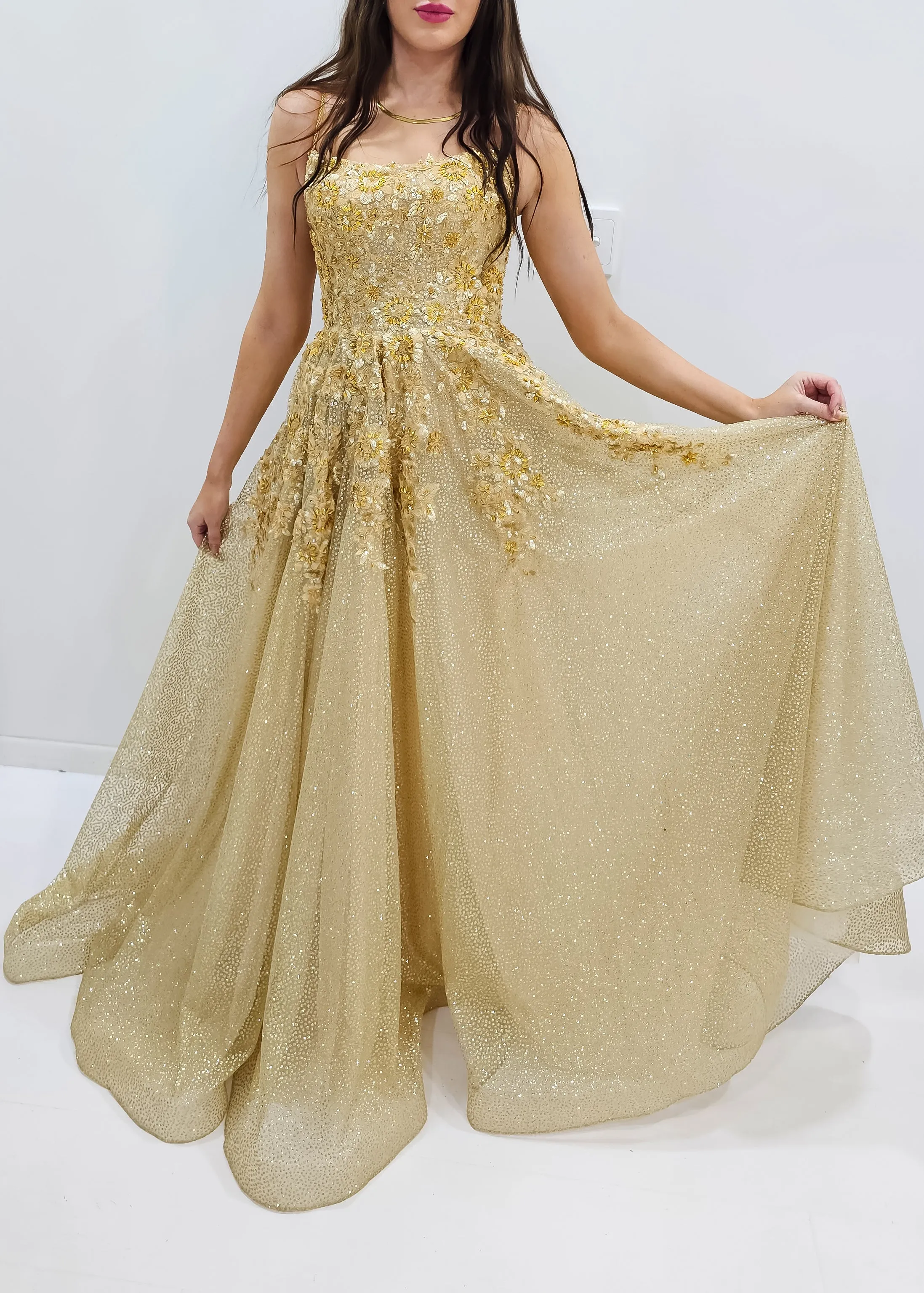 Sparkling gold crescent moon neckline lace up back princess dress for hire