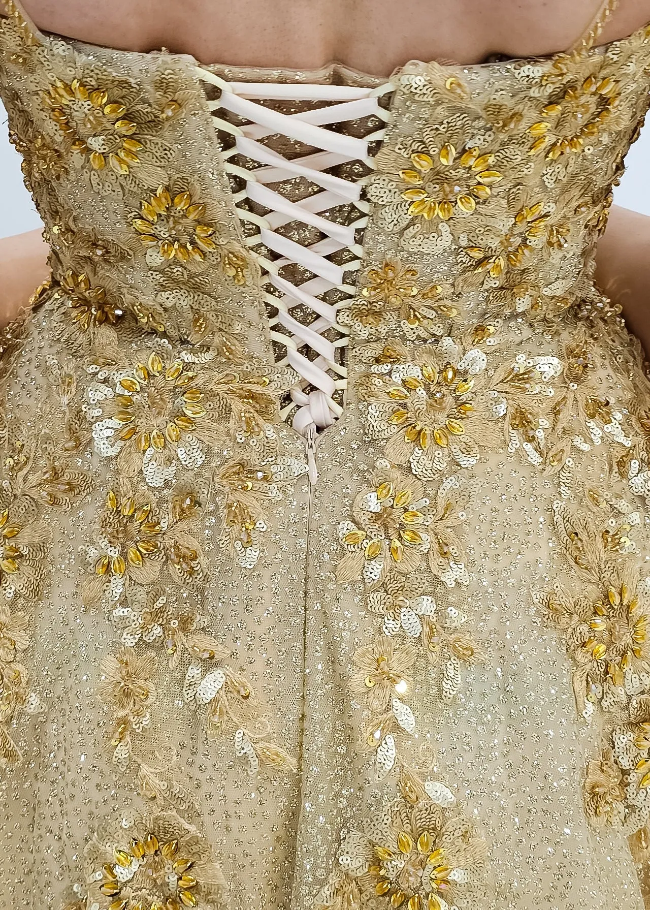 Sparkling gold crescent moon neckline lace up back princess dress for hire