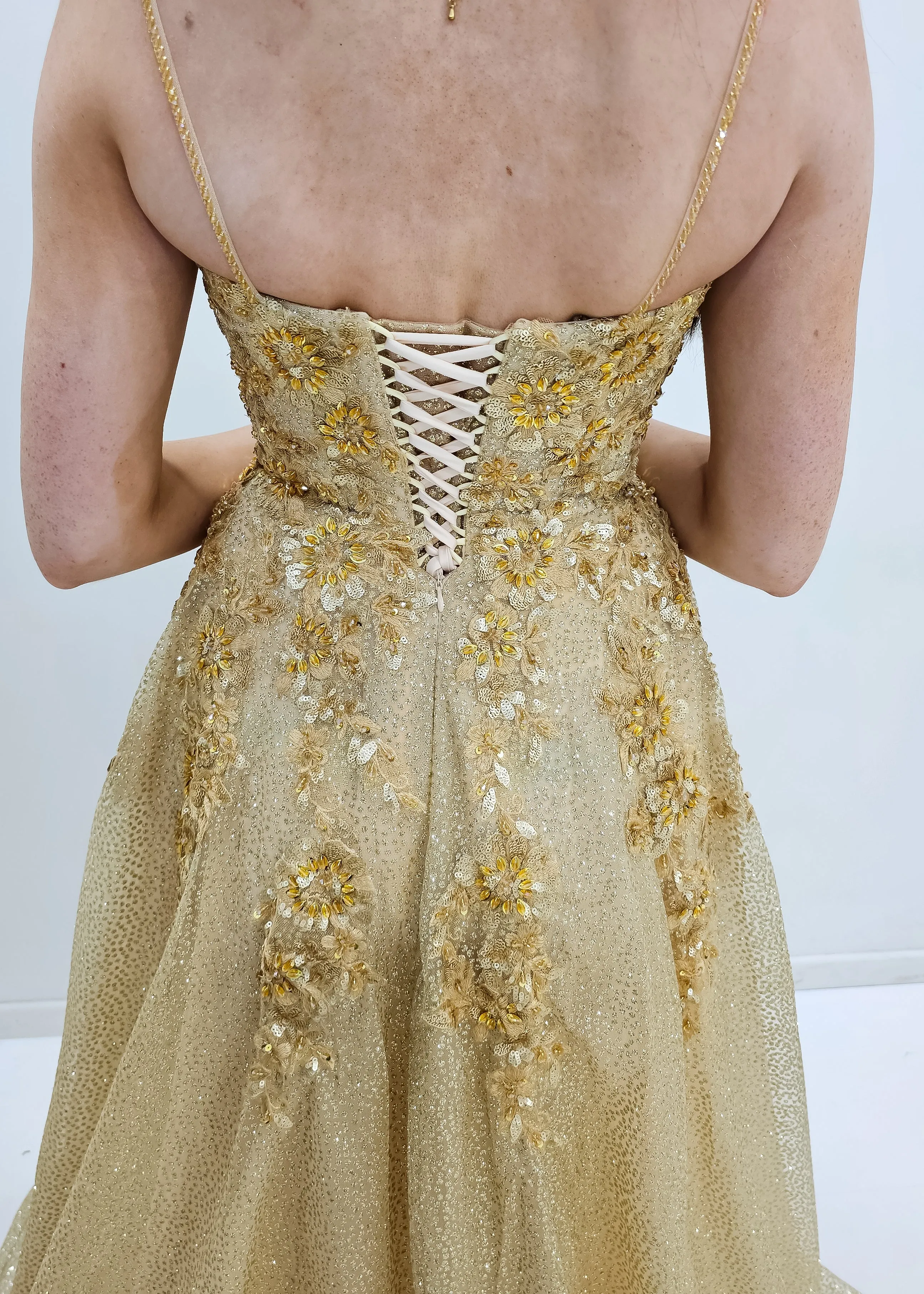Sparkling gold crescent moon neckline lace up back princess dress for hire