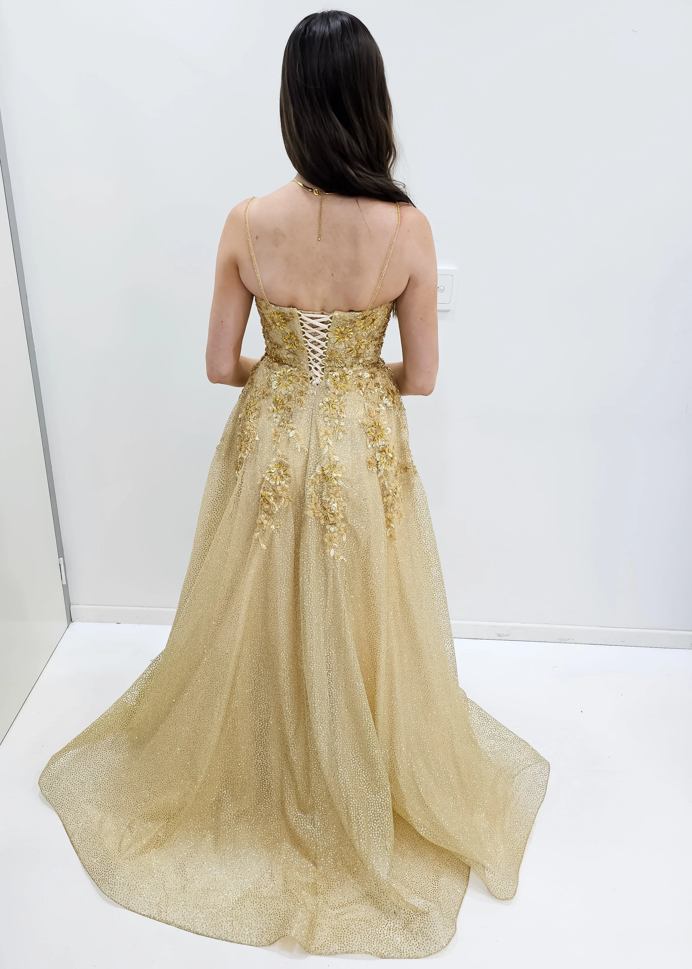 Sparkling gold crescent moon neckline lace up back princess dress for hire
