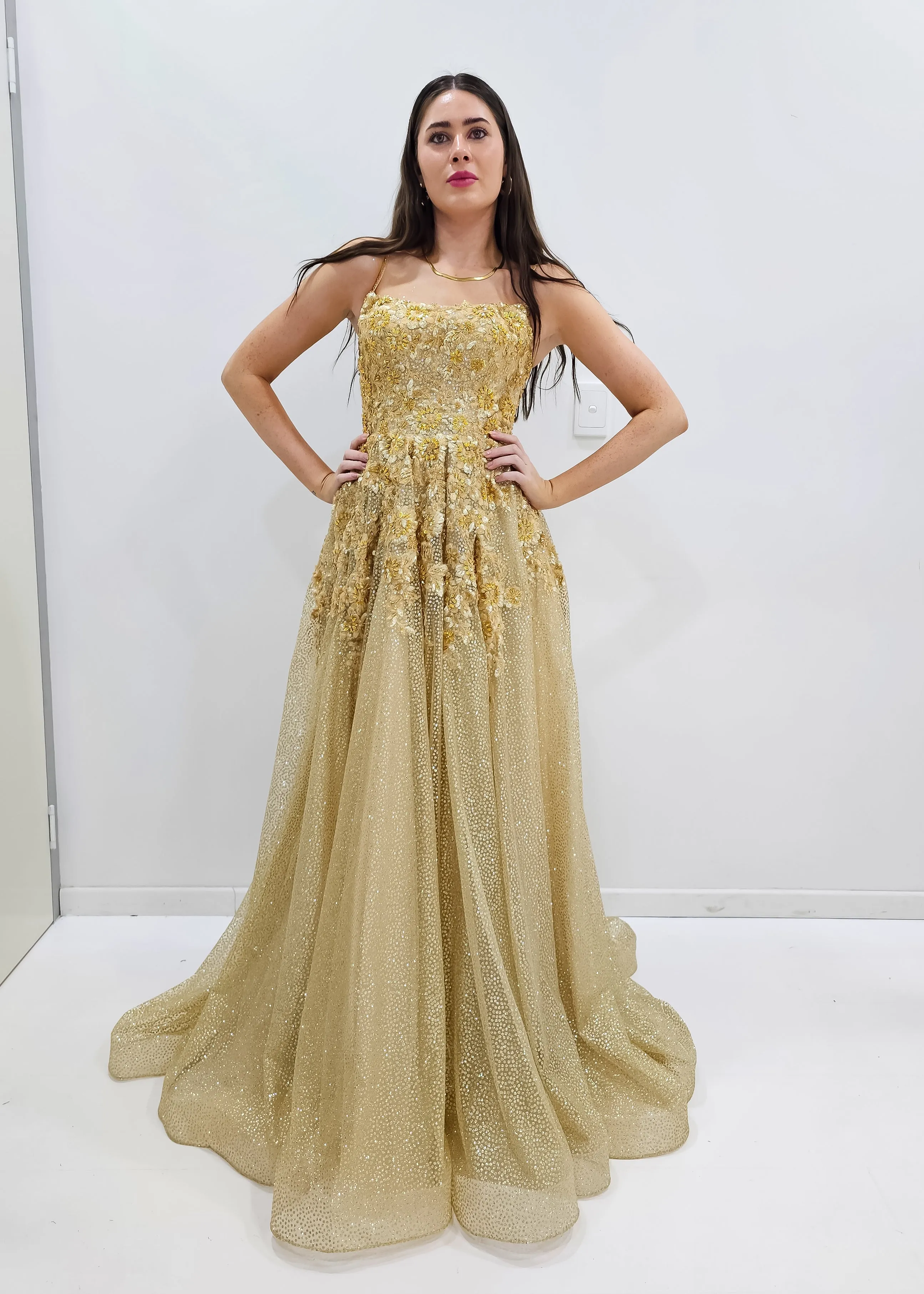 Sparkling gold crescent moon neckline lace up back princess dress for hire