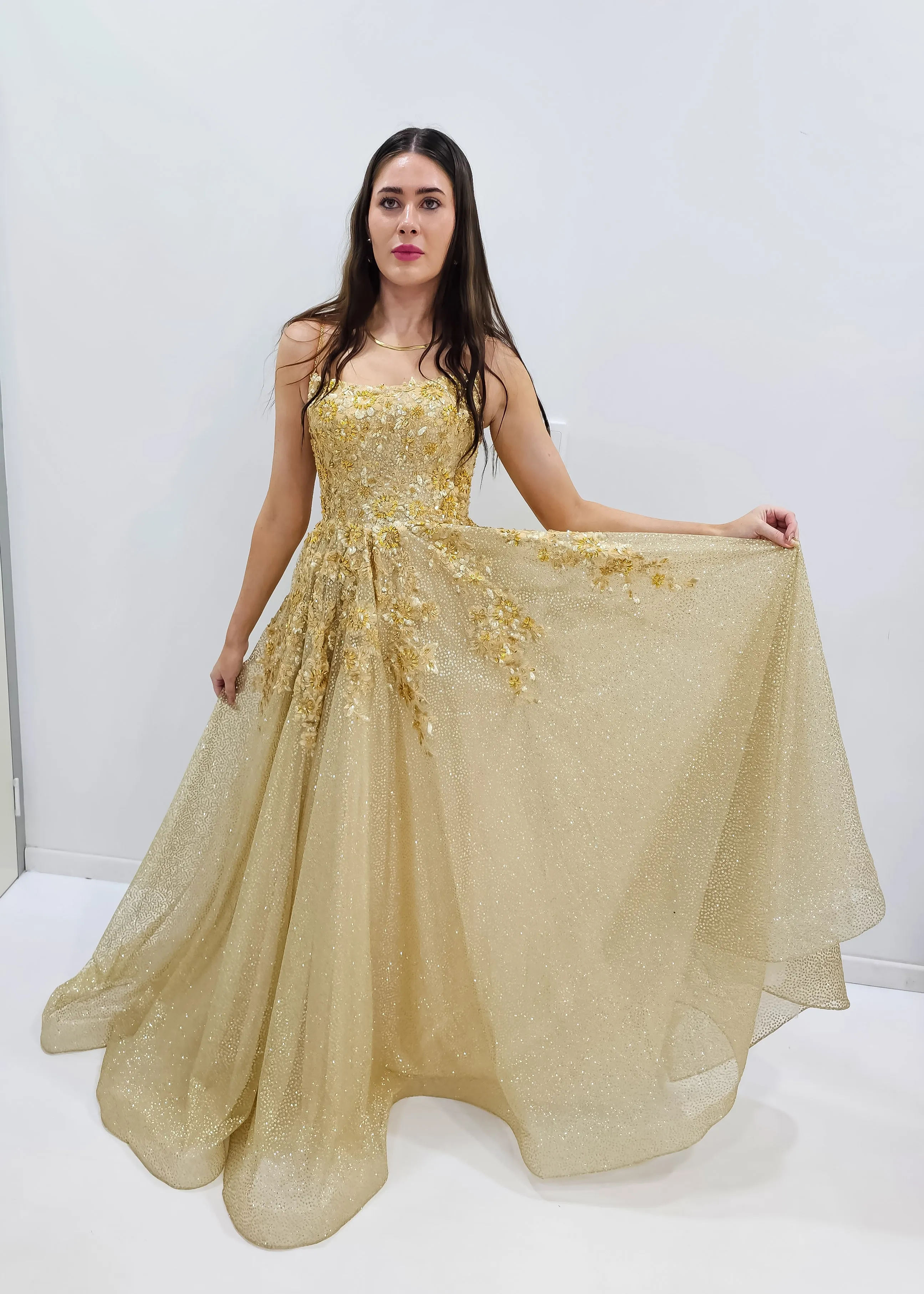 Sparkling gold crescent moon neckline lace up back princess dress for hire