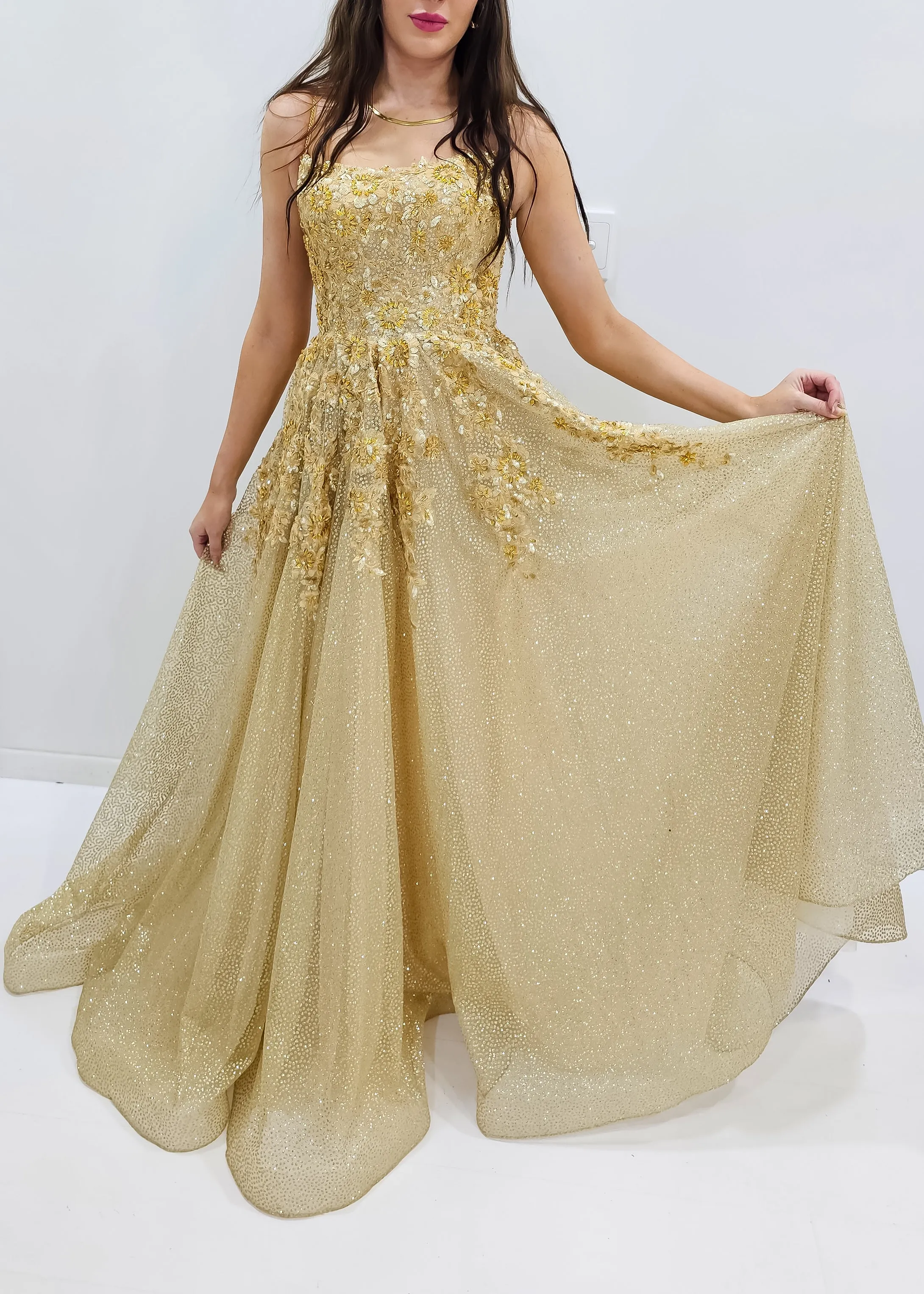Sparkling gold crescent moon neckline lace up back princess dress for hire