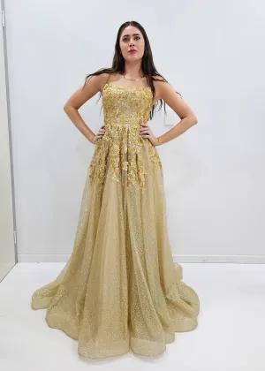 Sparkling gold crescent moon neckline lace up back princess dress for hire