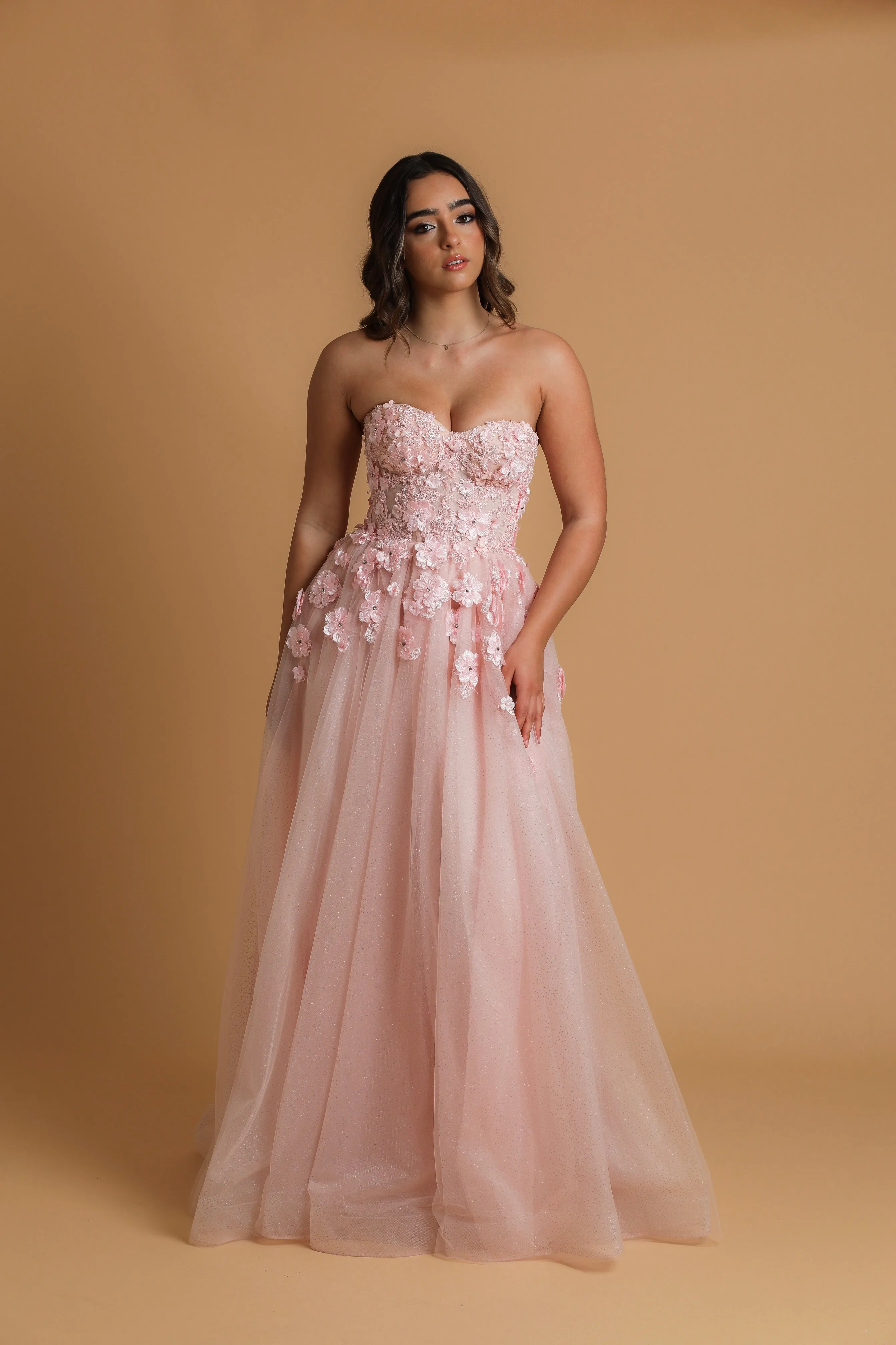 Strapless flowery baby pink princess dress