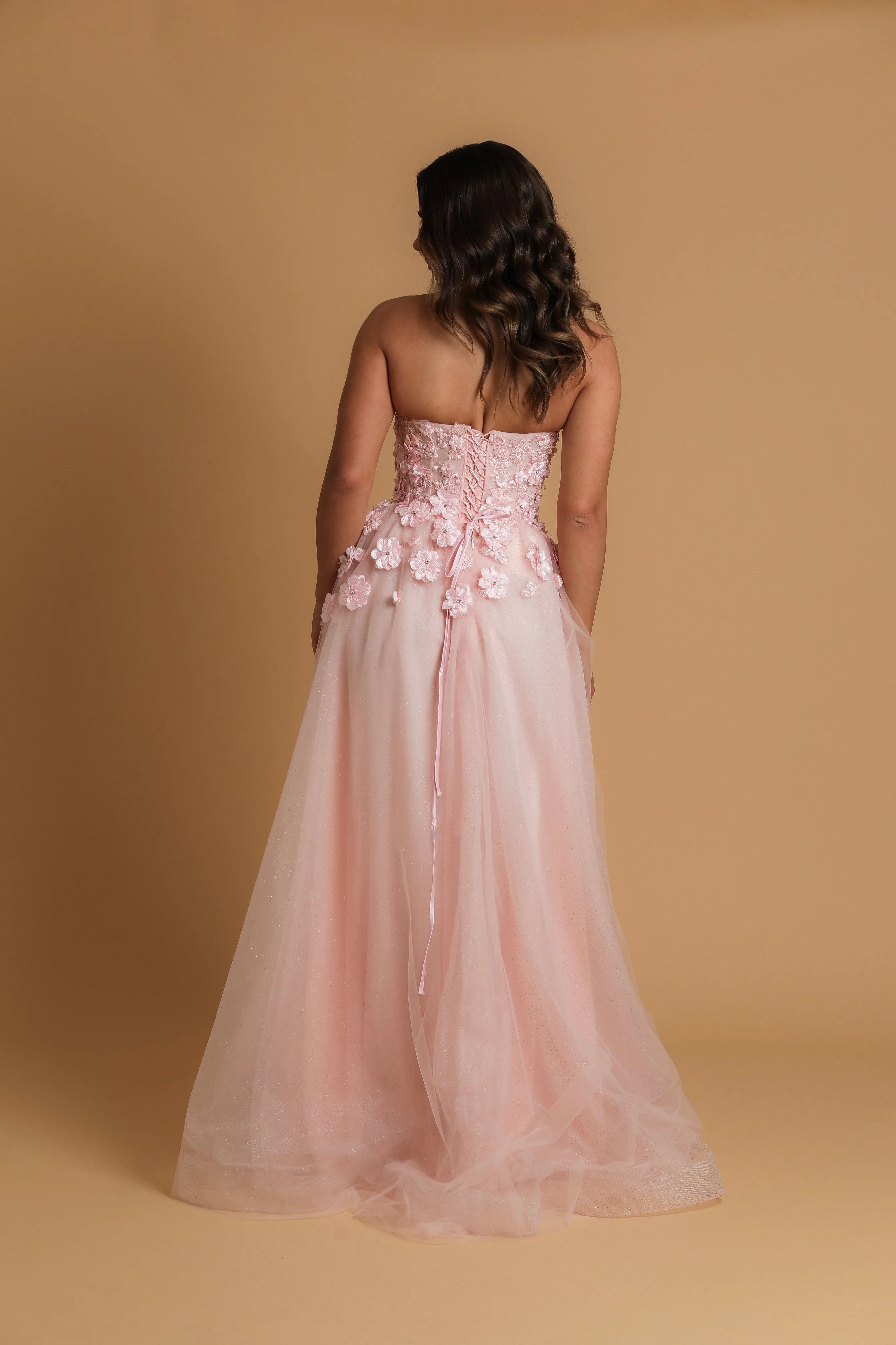 Strapless flowery baby pink princess dress
