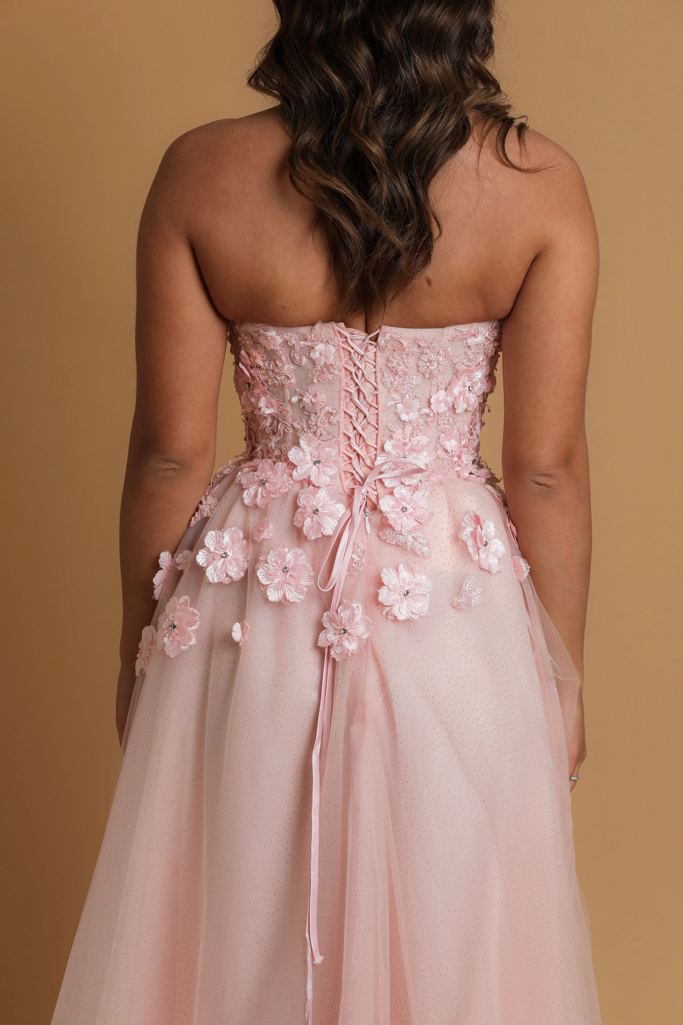 Strapless flowery baby pink princess dress