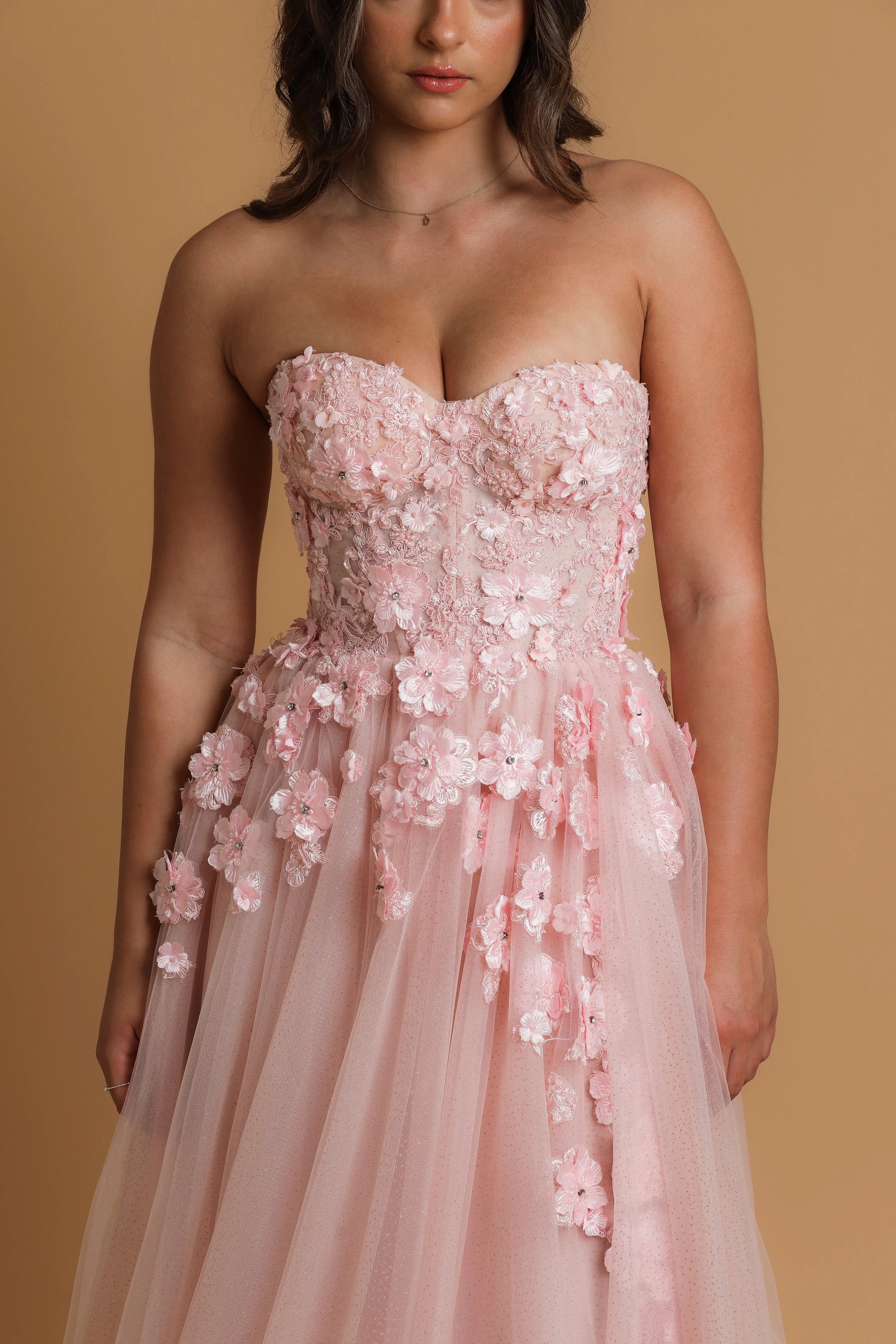 Strapless flowery baby pink princess dress
