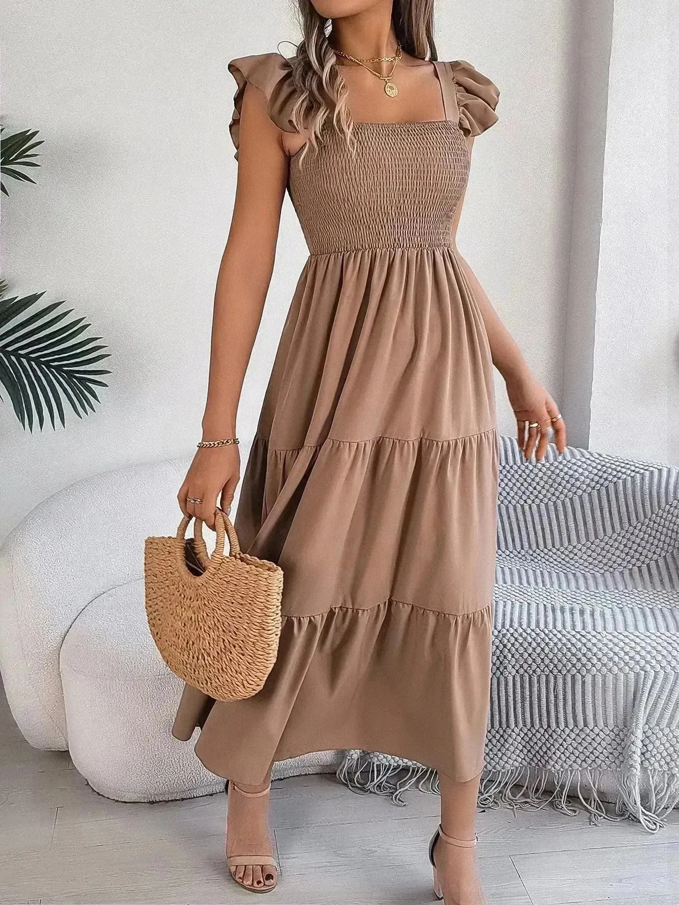Summer Dress Casual Women's Sleeveless Midi Dress Pleated Long Layered Dress