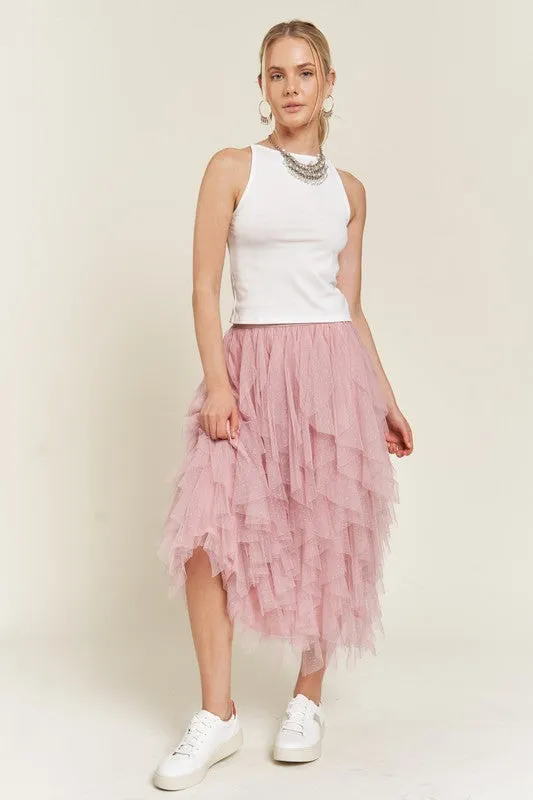 Swiss Dot Mesh Layered Ruffle Midi Skirt