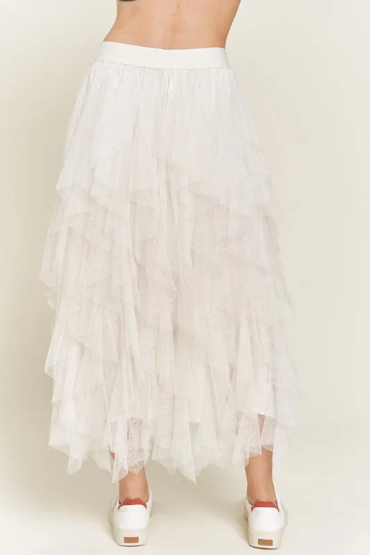 Swiss Dot Mesh Layered Ruffle Midi Skirt