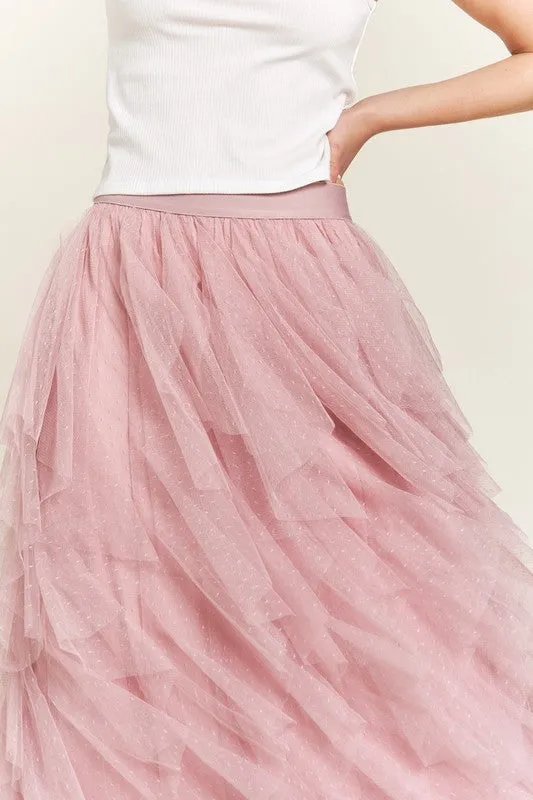 Swiss Dot Mesh Layered Ruffle Midi Skirt