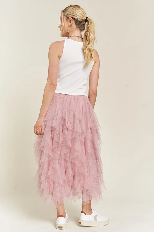 Swiss Dot Mesh Layered Ruffle Midi Skirt