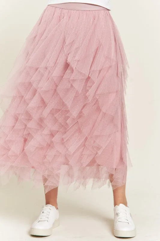 Swiss Dot Mesh Layered Ruffle Midi Skirt
