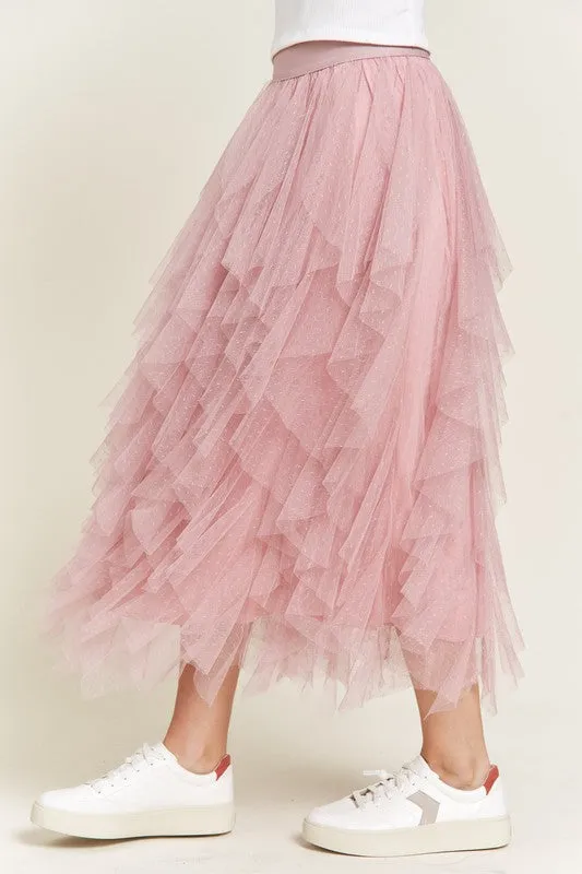 Swiss Dot Mesh Layered Ruffle Midi Skirt