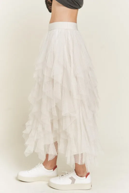 Swiss Dot Mesh Layered Ruffle Midi Skirt