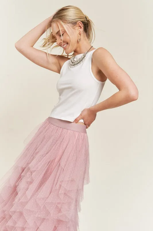 Swiss Dot Mesh Layered Ruffle Midi Skirt