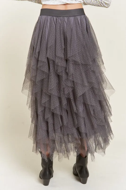 Swiss Dot Mesh Layered Ruffle Midi Skirt