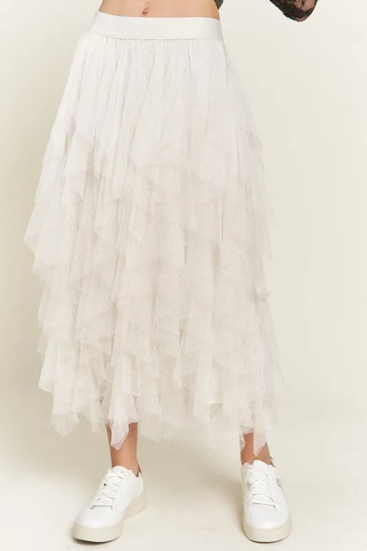 Swiss Dot Mesh Layered Ruffle Midi Skirt