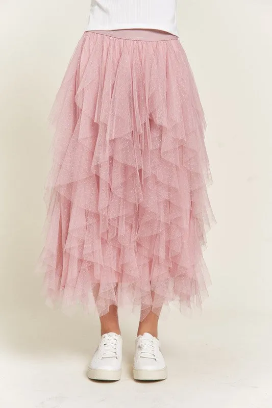 Swiss Dot Mesh Layered Ruffle Midi Skirt