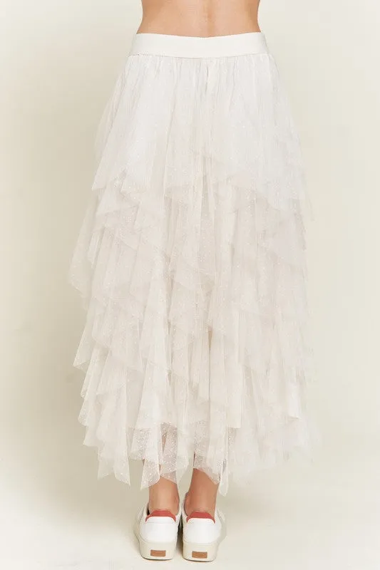 Swiss Dot Mesh Layered Ruffle Midi Skirt
