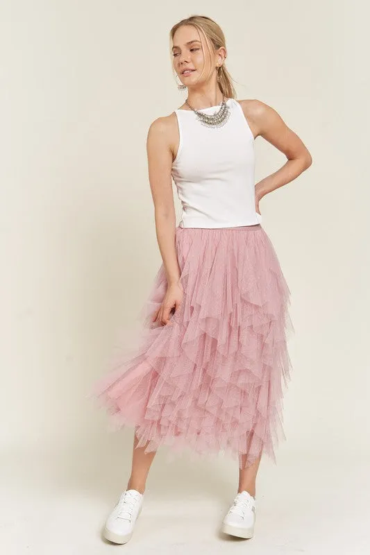 Swiss Dot Mesh Layered Ruffle Midi Skirt