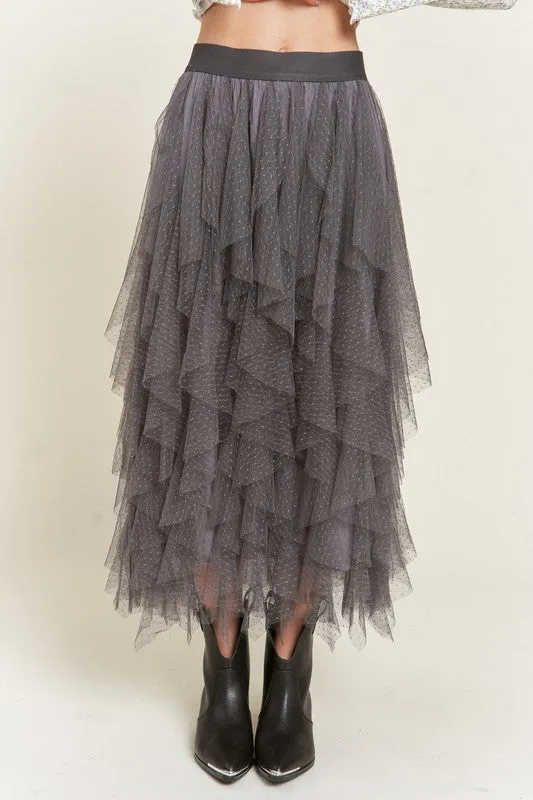 Swiss Dot Mesh Layered Ruffle Midi Skirt