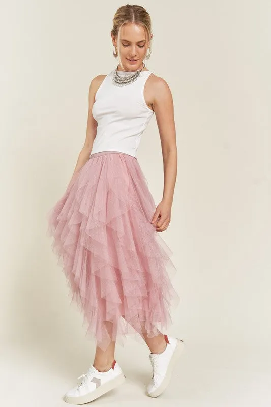 Swiss Dot Mesh Layered Ruffle Midi Skirt