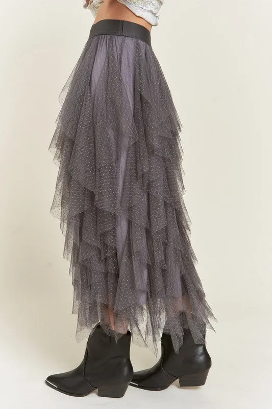 Swiss Dot Mesh Layered Ruffle Midi Skirt