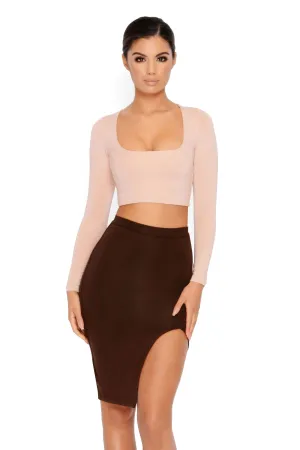 Thigh As A Kite Knee Length Thigh Split Skirt in Brown