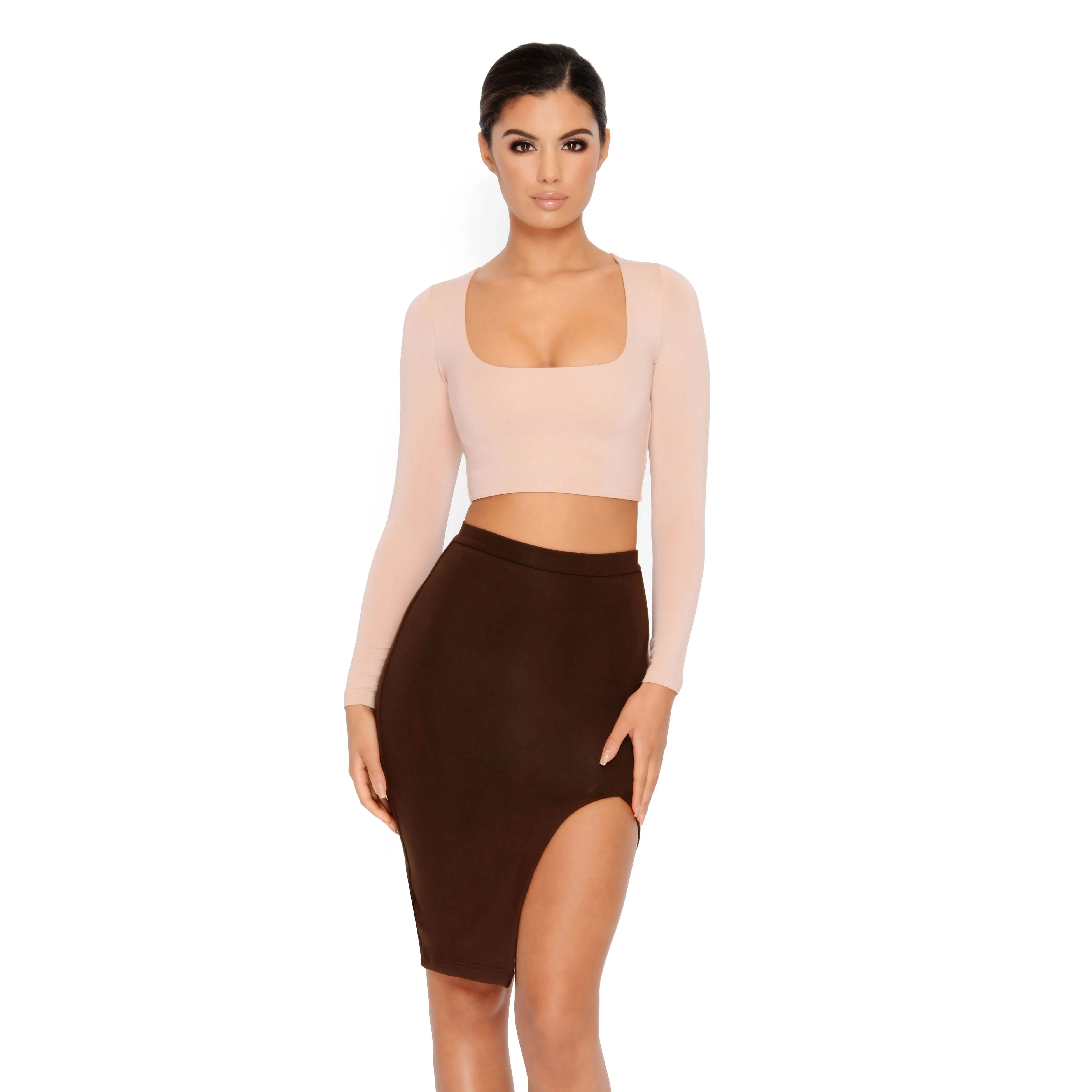 Thigh As A Kite Knee Length Thigh Split Skirt in Brown