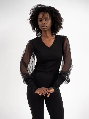 V-Neck Top With Tulle Sleeves In Black