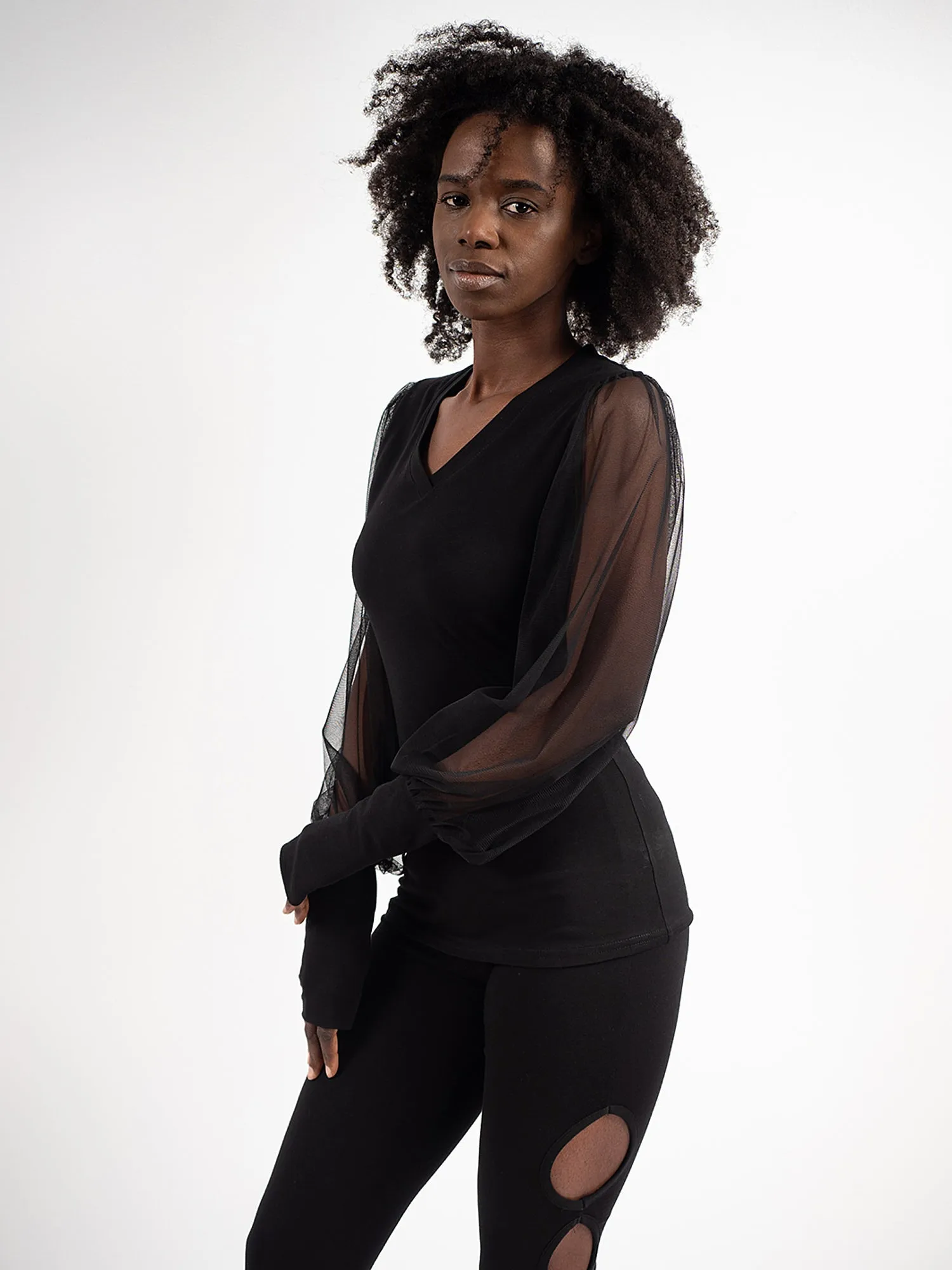 V-Neck Top With Tulle Sleeves In Black