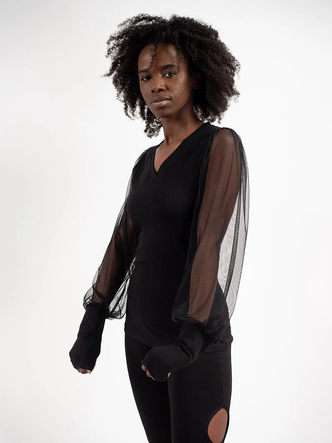 V-Neck Top With Tulle Sleeves In Black
