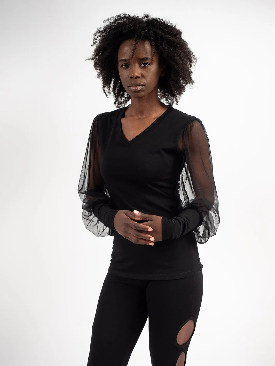 V-Neck Top With Tulle Sleeves In Black