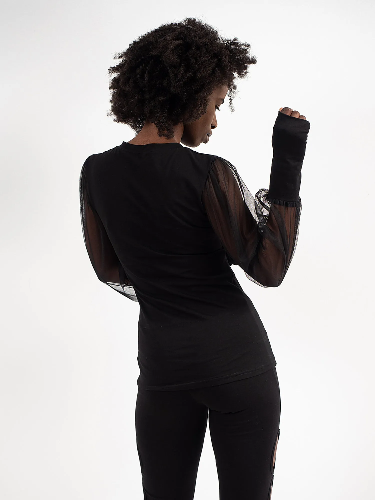 V-Neck Top With Tulle Sleeves In Black
