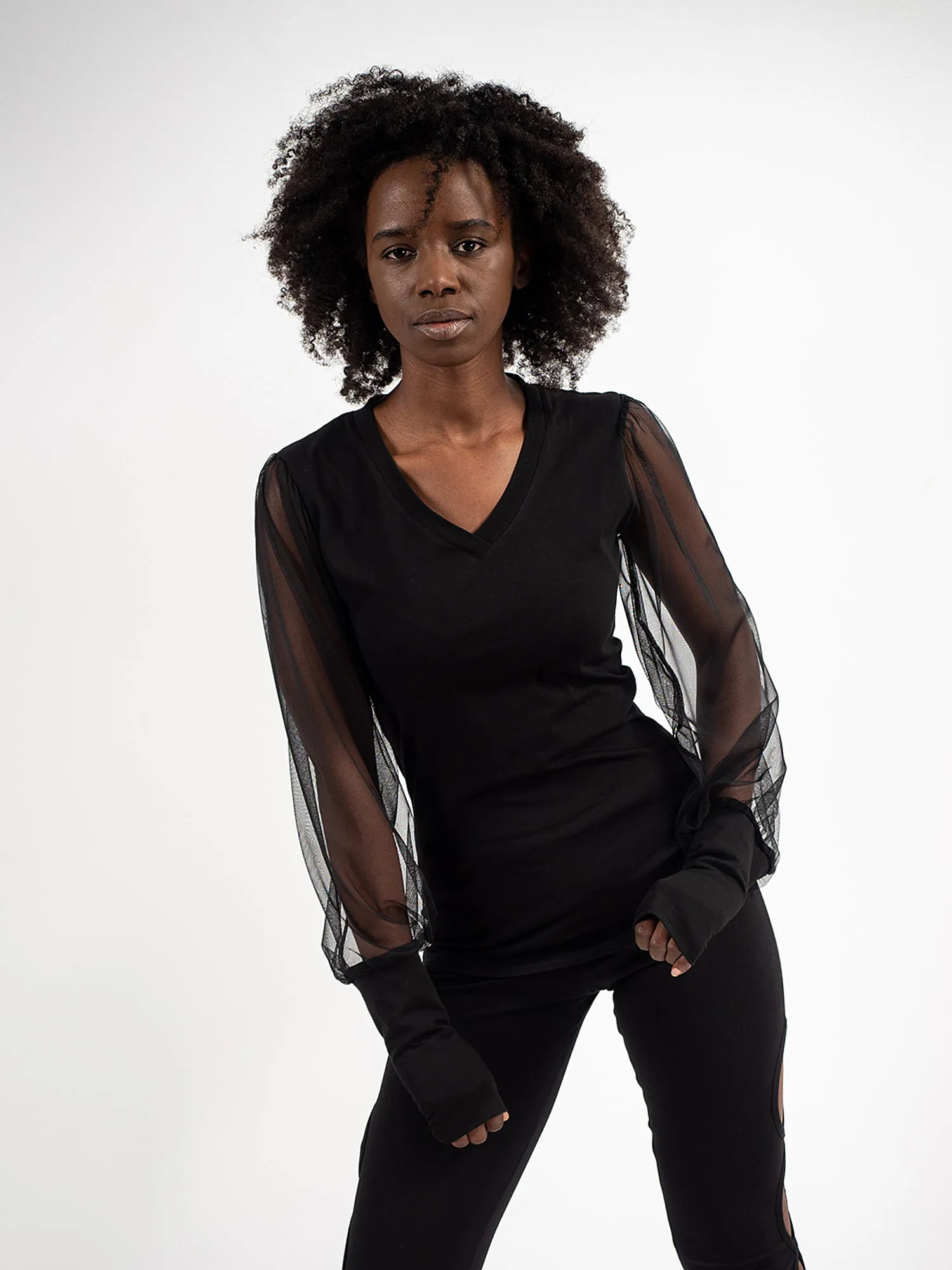 V-Neck Top With Tulle Sleeves In Black