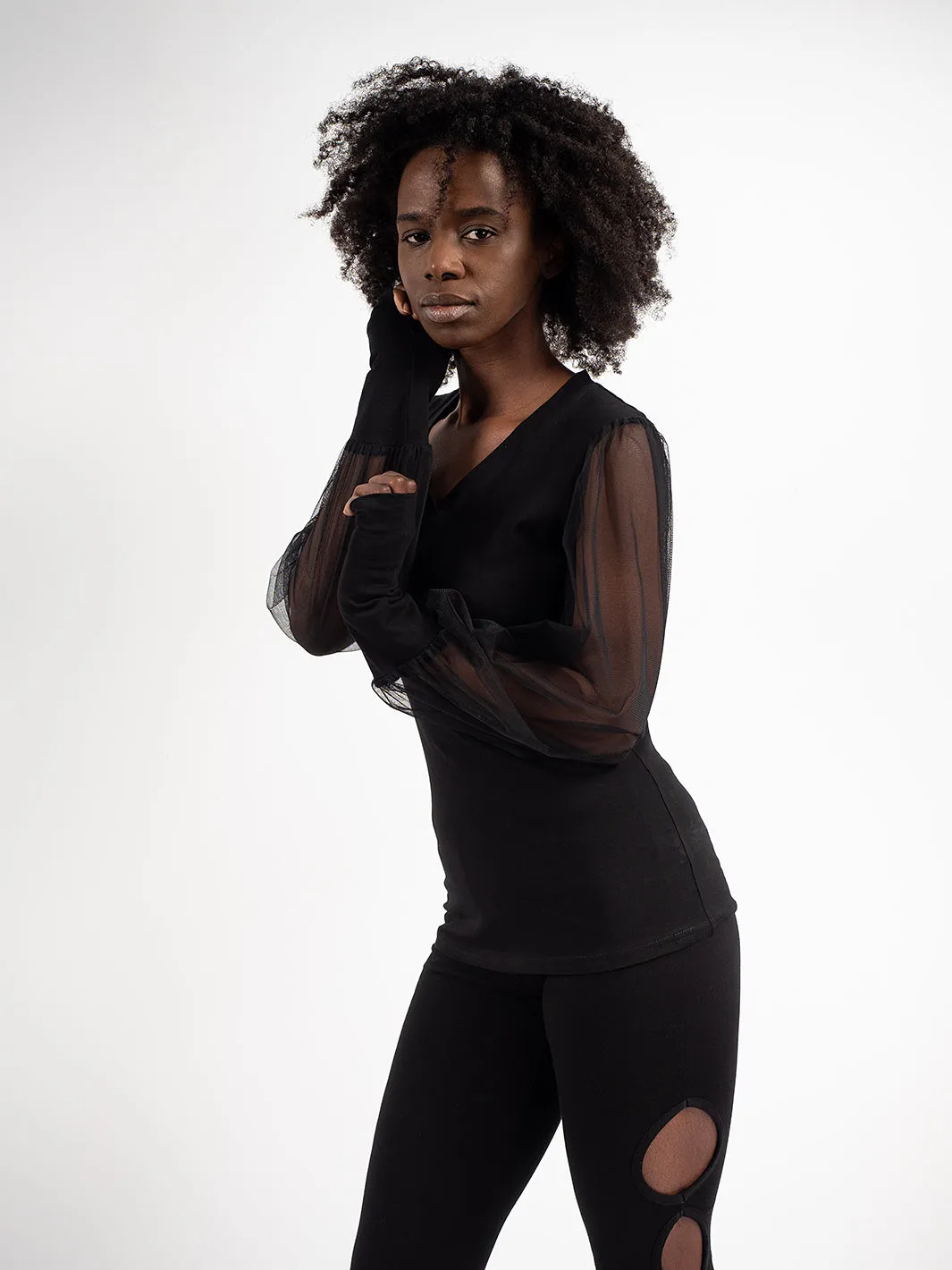 V-Neck Top With Tulle Sleeves In Black